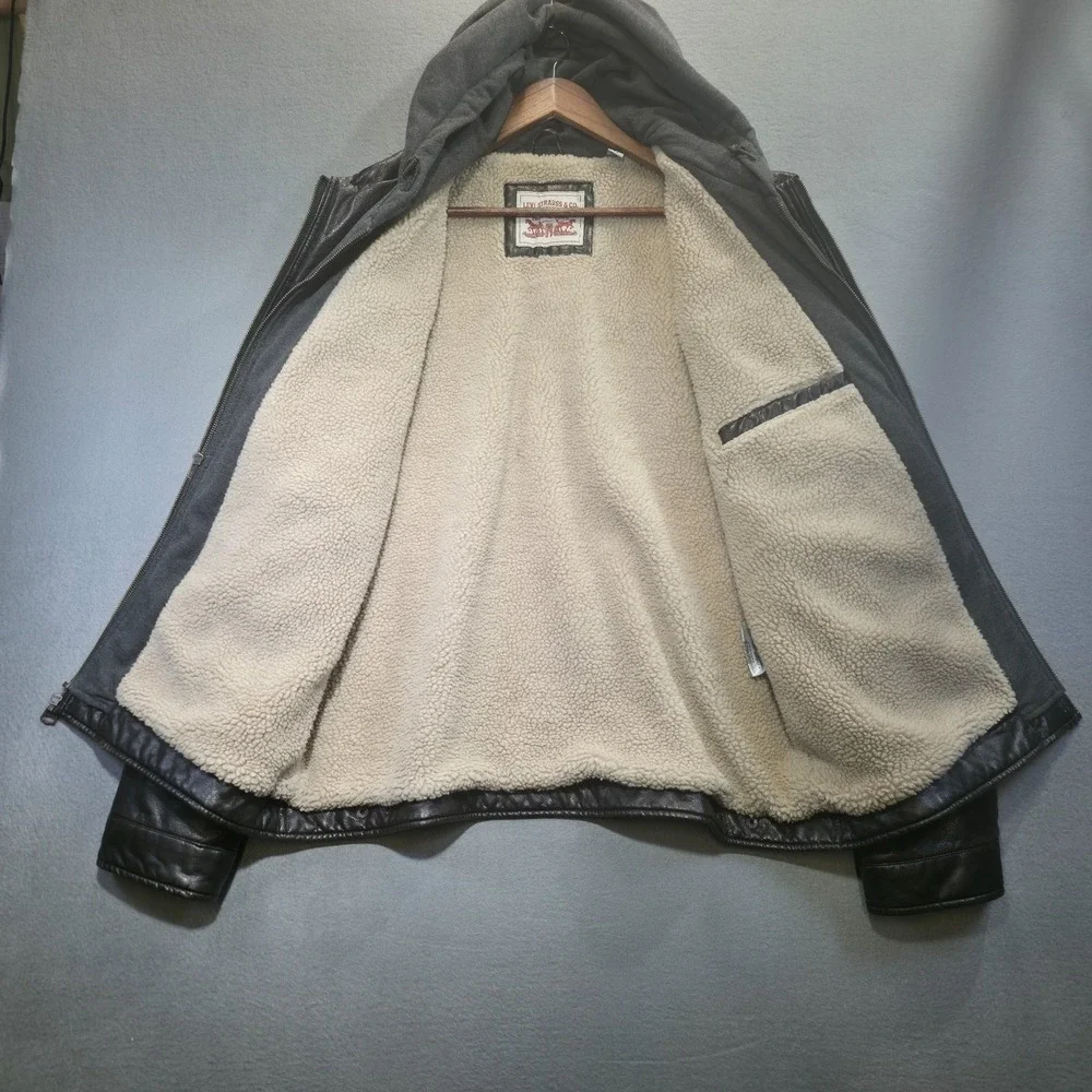 Levi‎ Men's Sherpa Lined Faux Leather Bomber Jacket Hooded Size XL